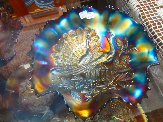 Carnival glass peacocks